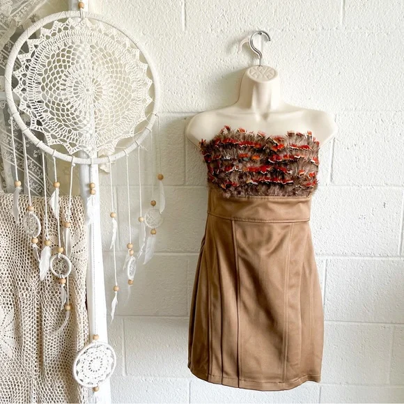 NWOT Strapless Golden Brown Feather Bust Mini Dress - Picture 4 of 12